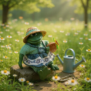 Vintage Russ Country Folks Figurine Mrs Gardenhopper Green Frog Shelf Sitter